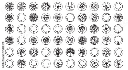 Collection of various tree symbols in circles, isolated on transparent background