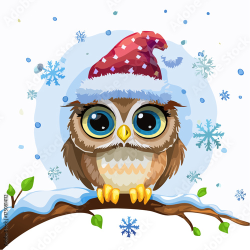 Ein rundes Eulenbaby mit Weihnachtsmütze sitzt auf einem verschneiten Ast