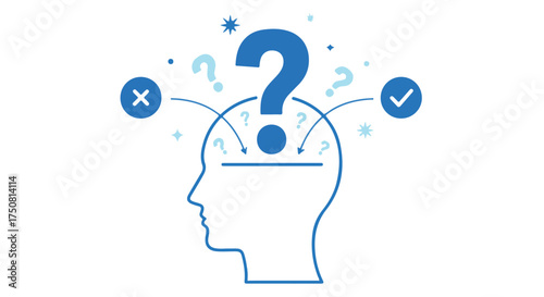 Illustration of a human head with a large question mark above it, isolated on transparent background