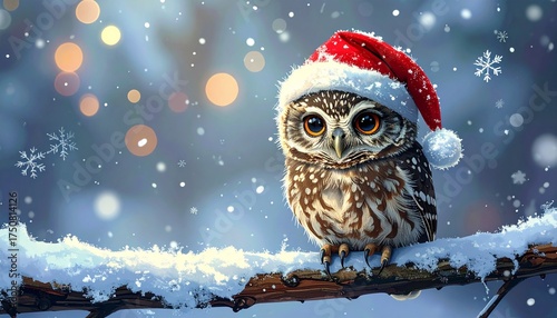 Ein rundes Eulenbaby mit Weihnachtsmütze sitzt auf einem verschneiten Ast