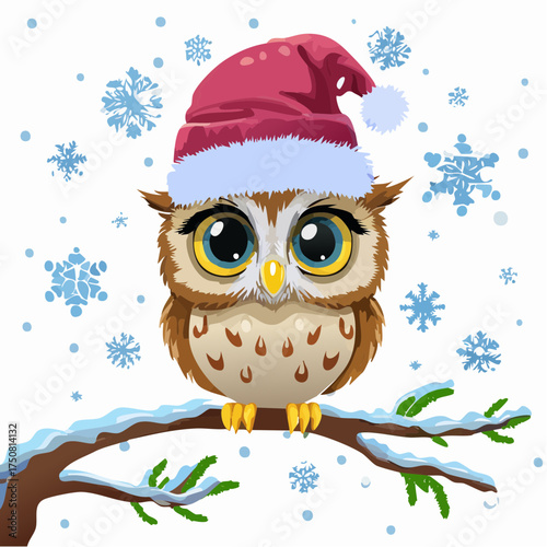 Ein rundes Eulenbaby mit Weihnachtsmütze sitzt auf einem verschneiten Ast