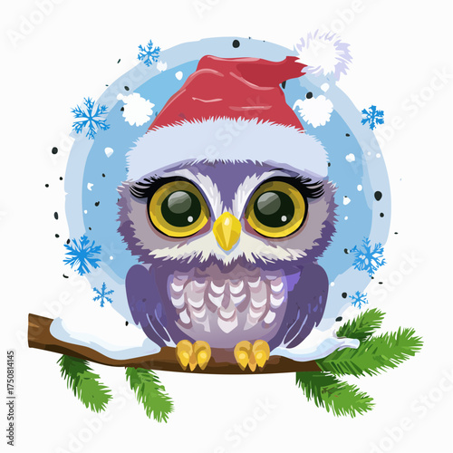 Ein rundes Eulenbaby mit Weihnachtsmütze sitzt auf einem verschneiten Ast