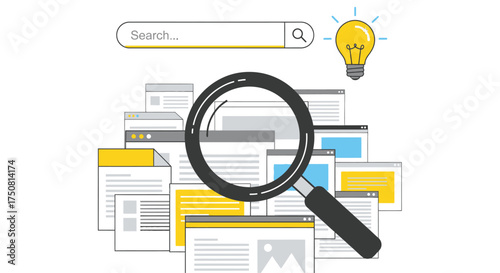 Search and Discovery Concept Illustration with Magnifying Glass, Documents, Light Bulb, and Idea Symbol