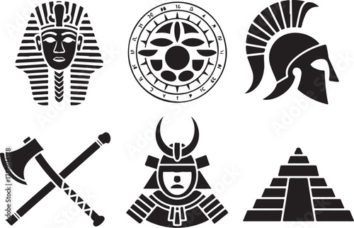 Ancient symbols pharaoh helmet samurai axe pyramid icons