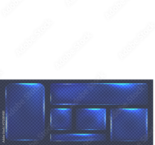 Neon blue glass frames with geometric shape glare, Collection of futuristic hud light blue frame powder size dust, Vector illustration.