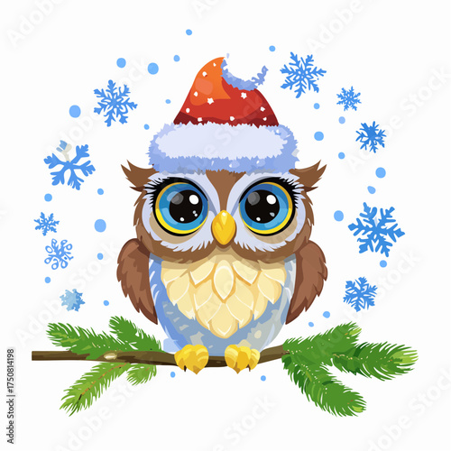 Ein rundes Eulenbaby mit Weihnachtsmütze sitzt auf einem verschneiten Ast