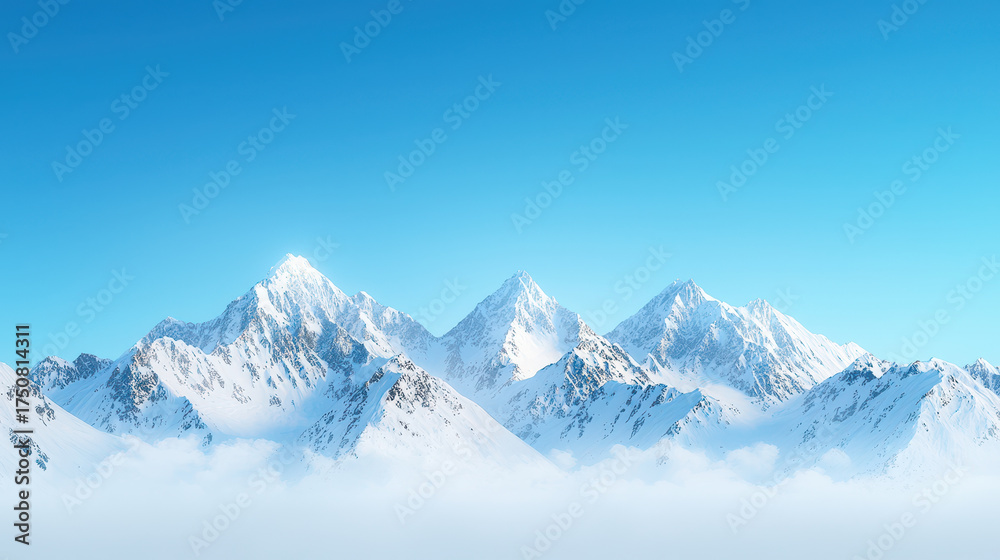 Obraz premium Majestic snowcapped mountains rise above sea of clouds under clear blue sky, creating breathtaking and serene landscape
