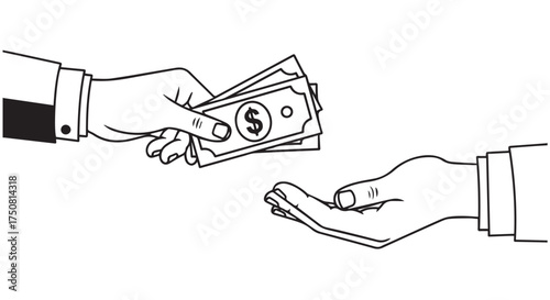 Hand giving money to another hand, representing payment, transaction, or financial exchange, isolated on transparent background