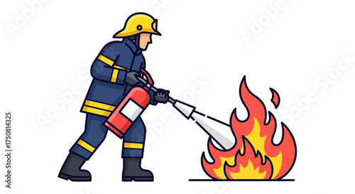 Brave firefighter cartoon character extinguishing flames with safety and precision, displaying