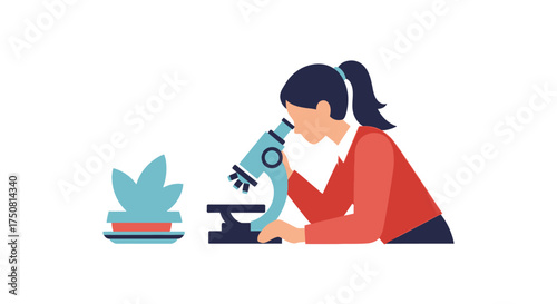 Illustration of a female scientist using a microscope for research in a laboratory setting