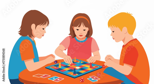 Enchanting illustration of kids immersed in a lively board game tournament creating joyful