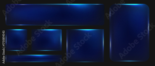 Neon blue glass frames with geometric shape glare on dark background, Collection of futuristic hud light blue frame powder size dust, Vector illustration.
