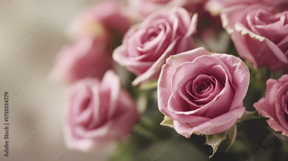 Fototapeta premium Delicate pink roses bloom with soft focus and gentle light.
