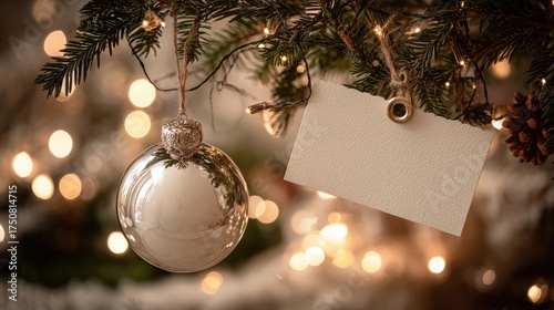 Beautiful silver Christmas ornament hanging beside a blank tag on a pine branch, surrounded by twinkling warm lights and holiday ambiance.
