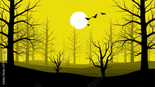 Haunted Forest black tree silhouettes, yellow fog, minimalist digital art