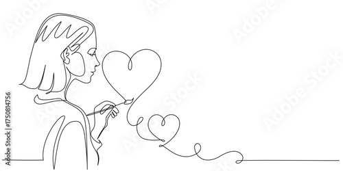 Woman drawing love lines embracing love herself. Selfcare, psychological concept. Continuous line drawing.
