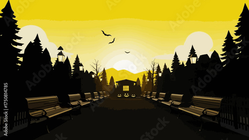 Halloween Park black benches and trees, yellow sky, digital illustration