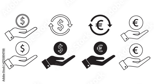 Money exchange icons with dollar and euro symbols isolated on transparent background