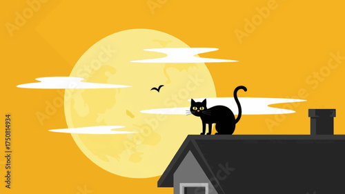 Halloween Town black buildings, yellow moon, minimalist illustration