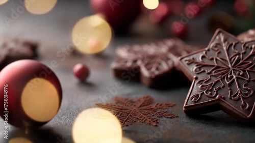 Close-up of delicious festive chocolate star and snowflake cookies with red Christmas ornaments and warm bokeh lights