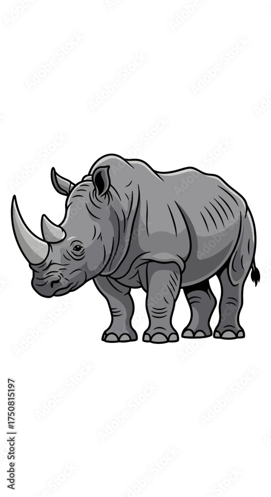 Fototapeta premium Cartoon illustration of a grey rhinoceros with a large horn standing on a white background.