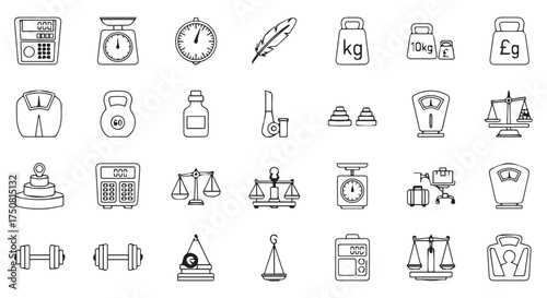 Assortment of weighing scales and measurement devices isolated on transparent background