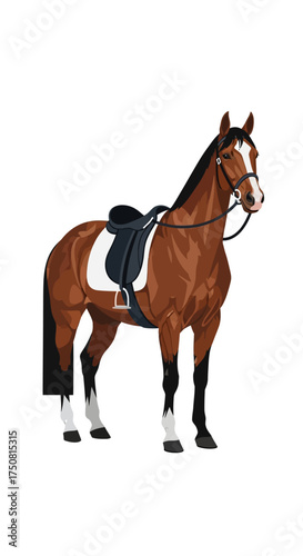 A majestic brown horse with a saddle and bridle standing proudly against a white background ready for equestrian activities.
