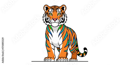 A majestic tiger with vibrant stripes stands proudly against a white background showcasing its powerful presence and unique markings.
