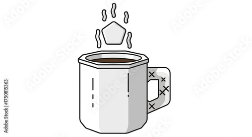 A pentagon shaped sugar cube dissolving in a hot cup of coffee.