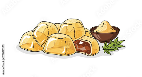 A pile of golden mochi with a small bowl of filling and green leaves.