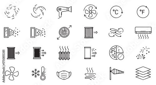 Set of icons related to air quality, temperature, and climate control devices, isolated on transparent background