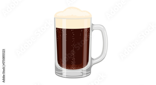 A refreshing mug of dark beer with a thick foamy head.