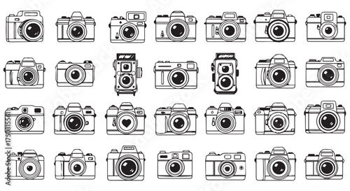 Assortment of vintage and modern camera illustrations isolated on transparent background