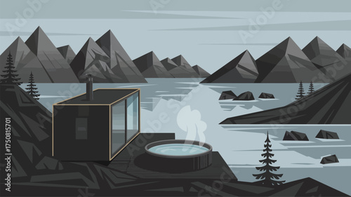 Illustration of a modern cabin with a hot tub overlooking a lake surrounded by mountains and trees