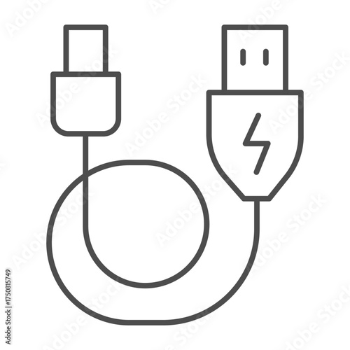 USB regular cord with adapter to mini thin line icon, tech concept. Vector graphics. Regular wire sign on white background, outline style icon for mobile or web design.