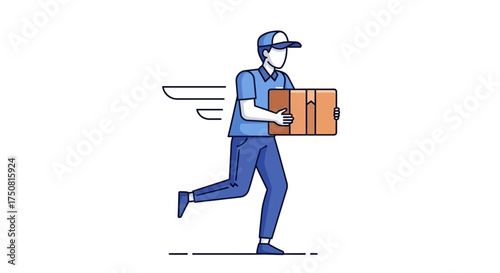 Modern illustration showcasing a delivery courier running with a parcel in minimalist style on a