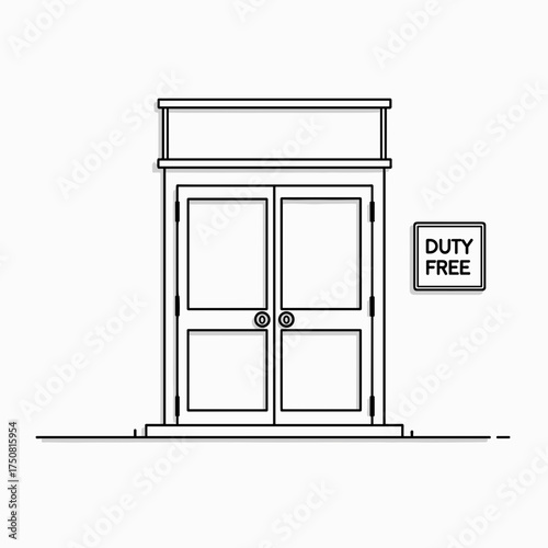 Duty-free shop entrance with double doors and sign  