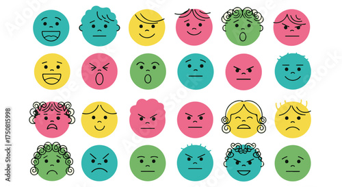 Set of colorful emoji faces expressing different emotions isolated on transparent background