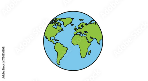 Cartoon globe depiction showcasing continents in green and oceans in light blue on white for
