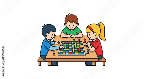 Cartoon kids playing board game together enjoying leisure time with colorful board game