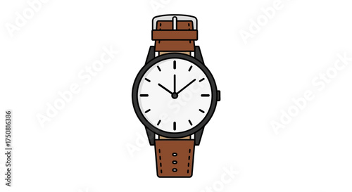 Classic analogue timepiece featuring a brown leather strap and minimalist black bezel design