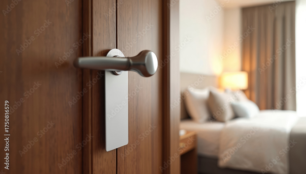 Obraz premium Wooden door with metal handle and blank hanger. Blurred hotel room interior with bed and lamp visible. Cozy lodging for guests seeking peace and quiet.