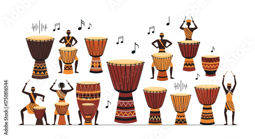 Vibrant musical expression through colorful djembe drums and rhythmic figures celebrating music