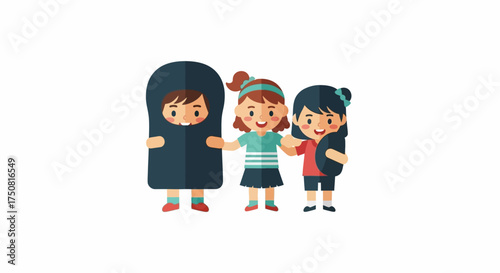 Cartoon depiction of three children in costume playing and interacting in a joyful manner