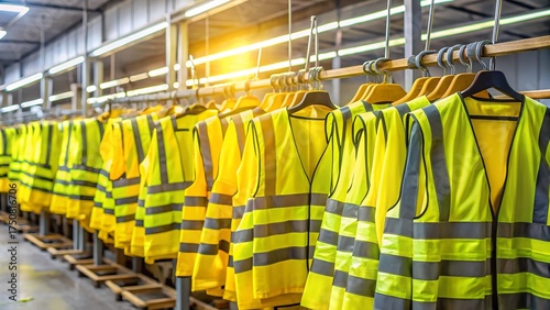 A rack of yellow safety vests with gray reflective stripes hangs neatly in a seemingly industrial or warehouse