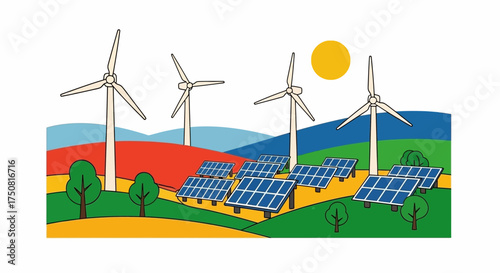 Illustration of renewable energy landscape with wind turbines and solar panels amidst nature