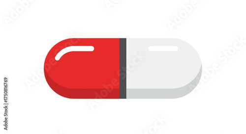 A vibrant red and white capsule pill, a depiction of medication and pharmaceutical treatments symbol