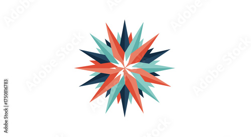 Complex geometric star burst pattern in red blue and teal with a dynamic modern feel