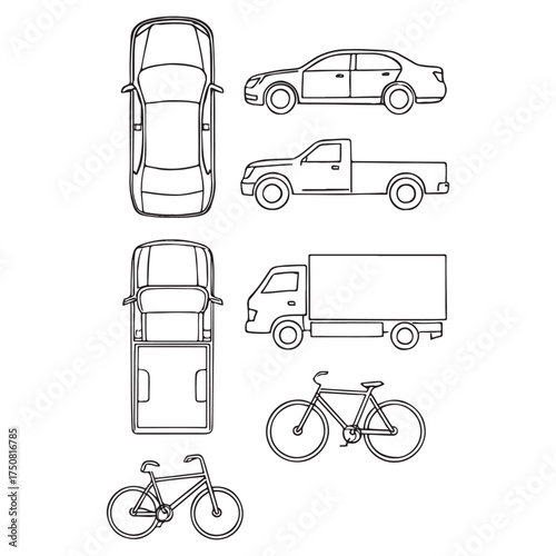 Set of outline vector car, bike, truck vehicles. Top and side view. Vector illustration