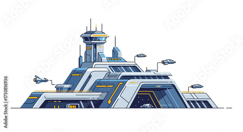 Futuristic outpost facility with flying ships in a clean stylized cartoon style illustration